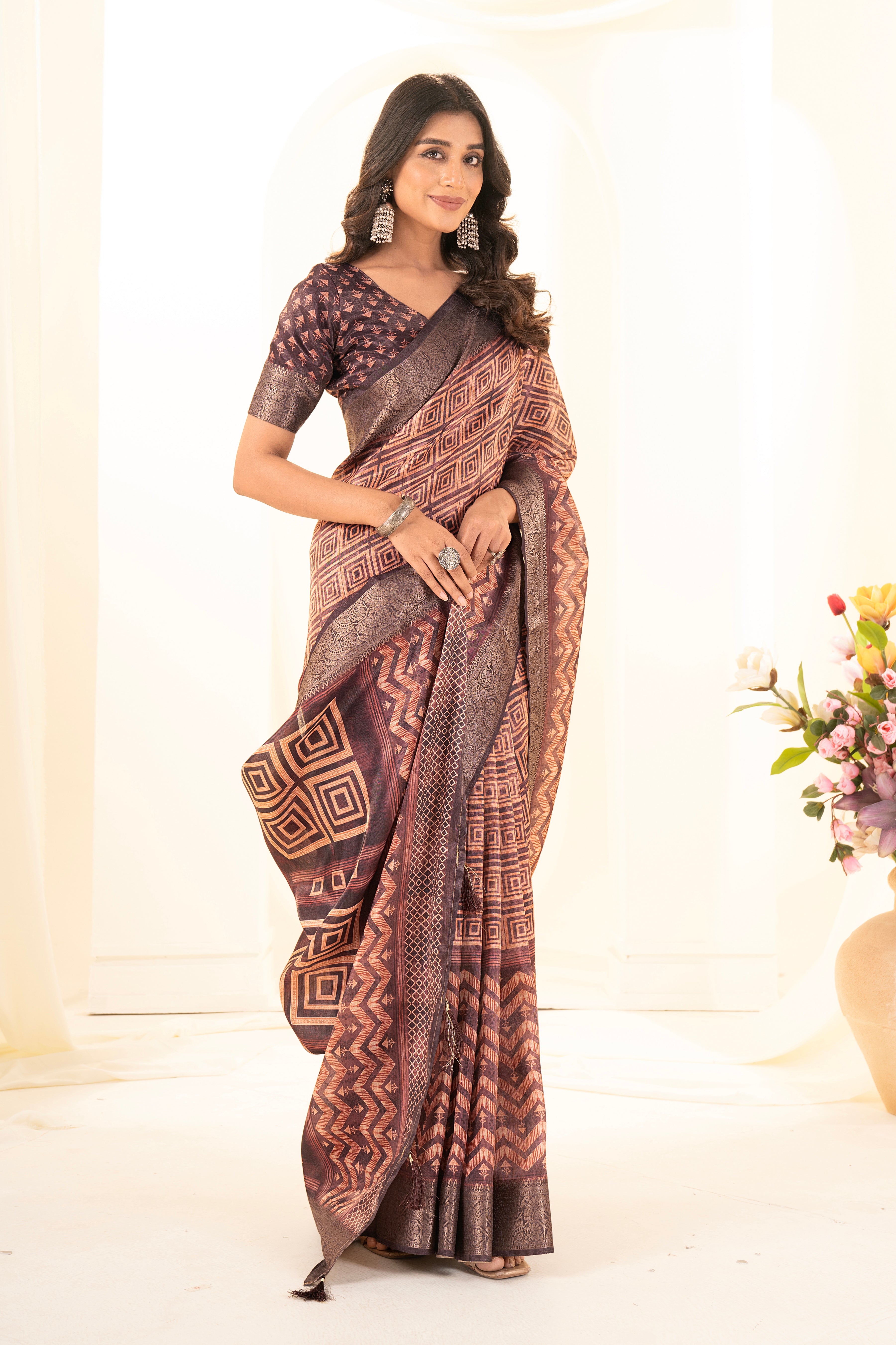 Maroon Tussar Silk Ajrak Saree